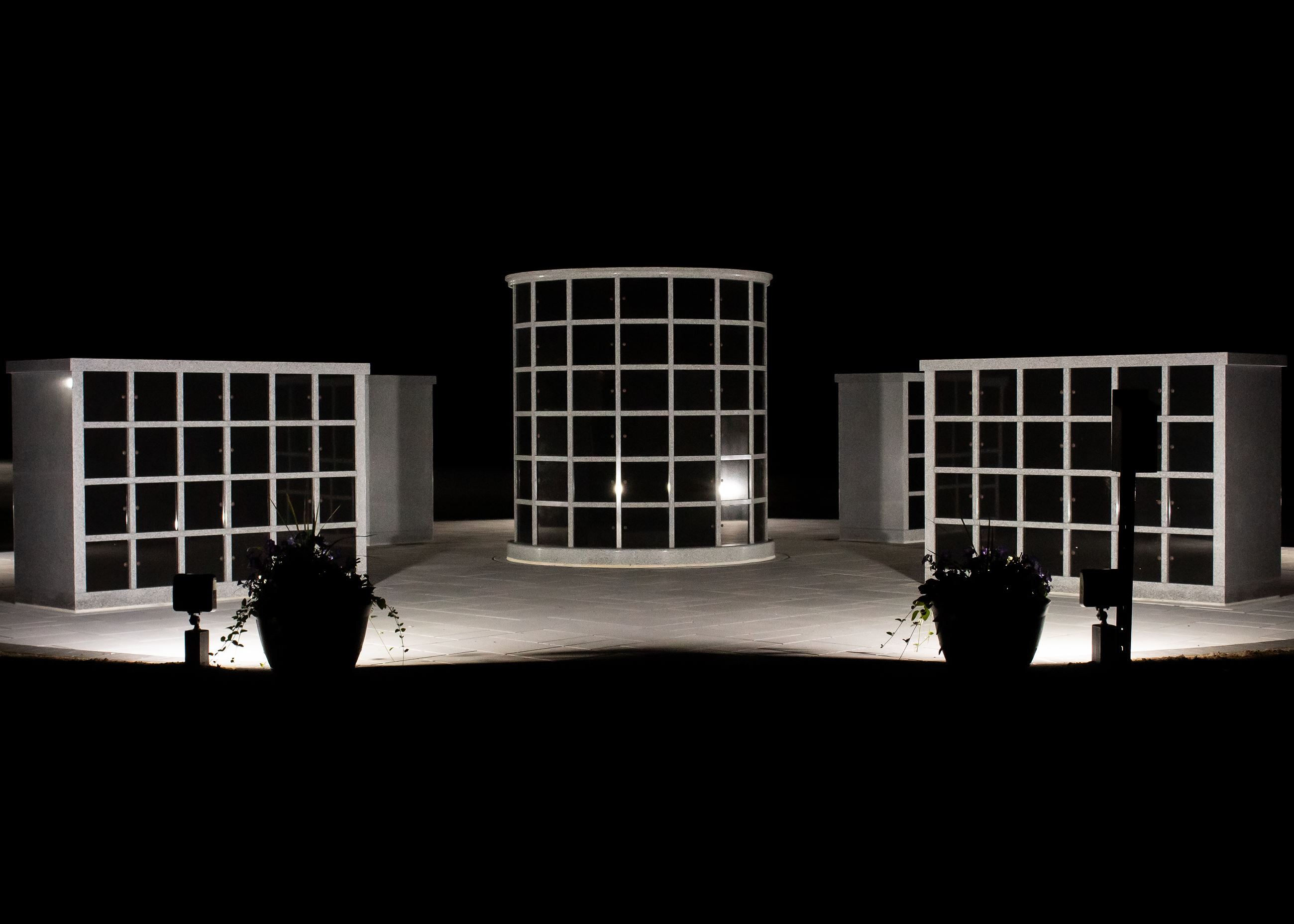 Columbarium in Gibson Cemetery at night